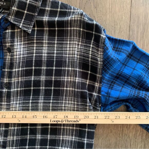 FOREVER 21 SHIRT MEN’S SMALL BLUE BLACK 100% COTTON FLANNEL PLAID COLOR BLOCK. - Picture 9 of 11